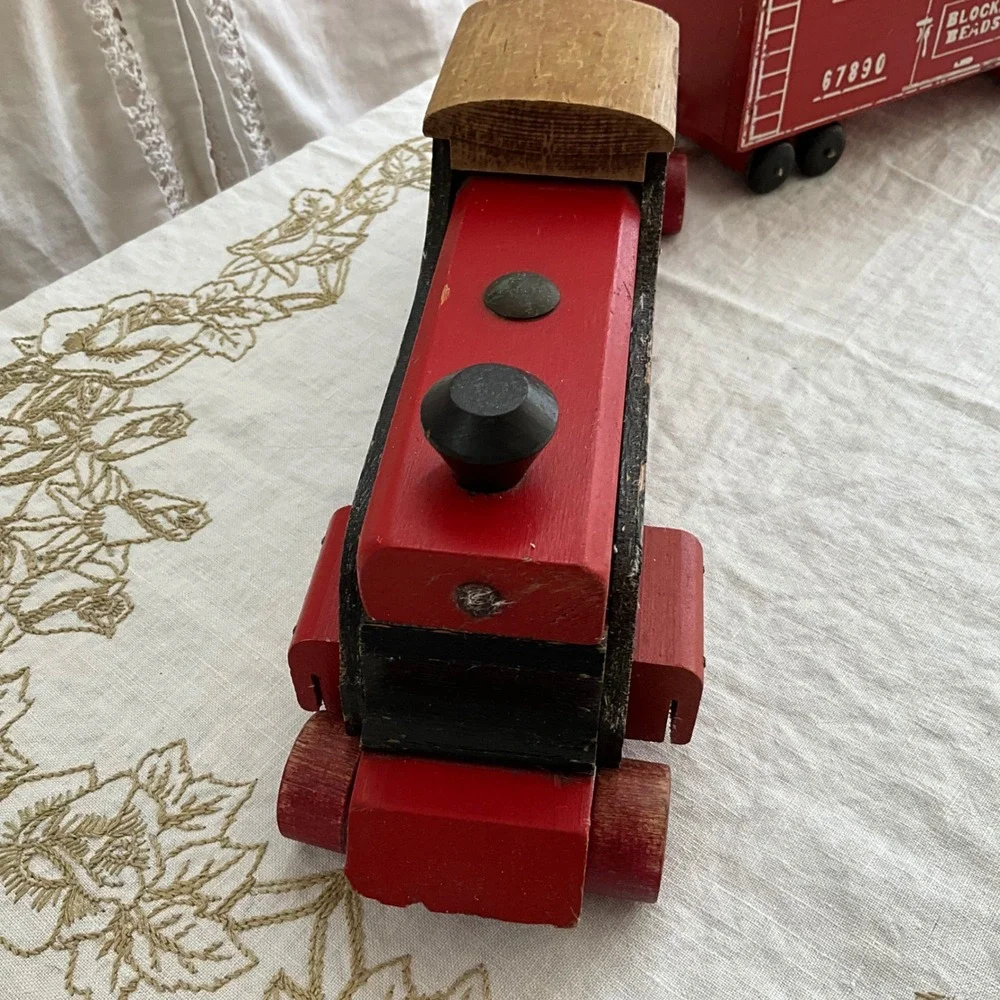 Vintage Wooden Toy Train‎ Set Choo-Choo Engine and ABC Blocks Beads Boxcar 50's